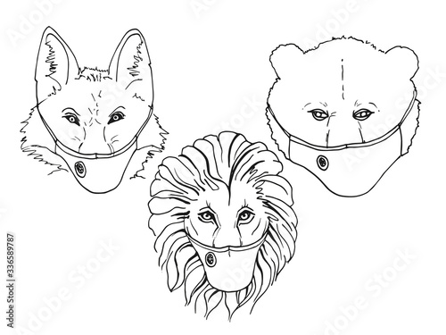 Set of lion, fox and bear in a protective medical mask. Vector outline illustration.