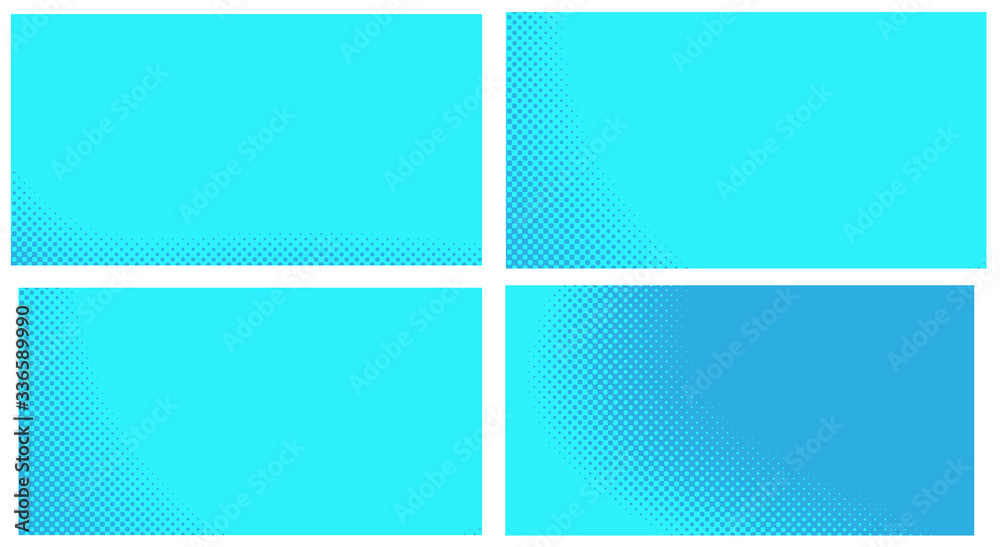 Blue pop art background. Abstract creative vector comics style blank layout template with clouds beams and isolated dots pattern. Set for sale banner, empty polka dots bubble.