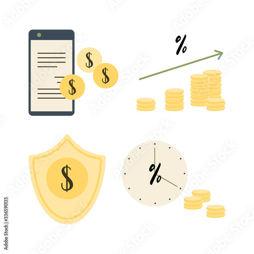 Money deposit, safe savings, investing money on an account, e-commerce, online business, piggy bank, financial services, accumulating money. Vector flat illustration