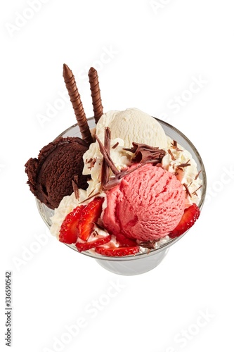 Vanilla, chocolate and strawberry ice cream photo