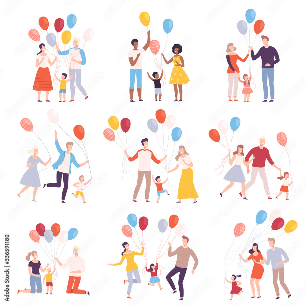 Families Walking with Colorful Balloons Collection, Happy Mothers, Fathers and their Kids Celebrating Holidays Vector Illustration