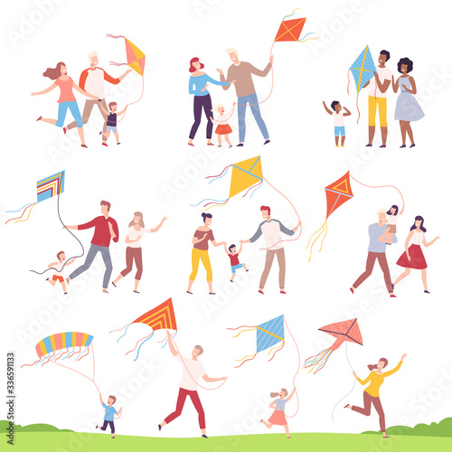 Happy Families Playing Kites Collection  Mothers  Fathers and their Kids Launching Kite at Festival  Outdoor Recreational Activities Vector Illustration