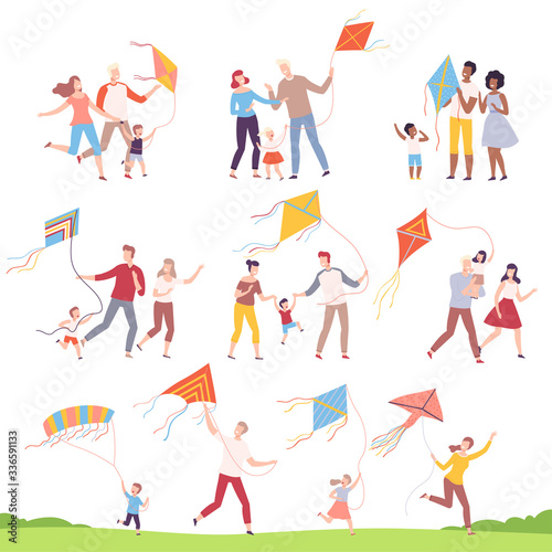 Happy Families Playing Kites Collection, Mothers, Fathers and their Kids Launching Kite at Festival, Outdoor Recreational Activities Vector Illustration
