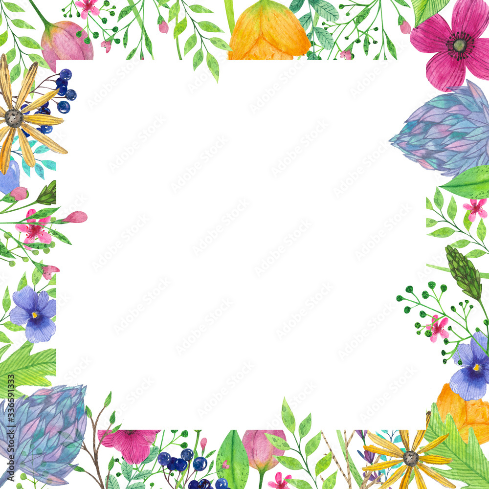 frame with spring flowers and leaves, easter eggs on a white background