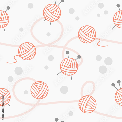 Seamless knitting repeat background. Yarn balls, thread and needles. 