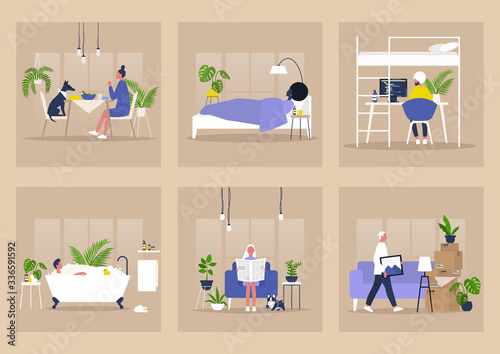 A section view of a residential building, people at their apartments, Stay home concept