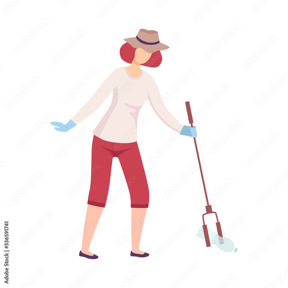 Young Woman Collecting Plastic Trash with Eco Friendly Tool, Female Volunteer Picking Garbage Outdoors Vector Illustration Young Woman Collecting Plastic Trash with Eco Friendly Tool, Female Volunteer Picking Garbage Outdoors Vector Illustration