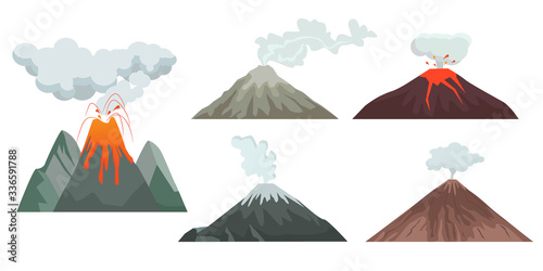 volcano. big mountains hills and rocks with nature force volcano flame magma and lava. travellers danger climbing expedition vector symbols