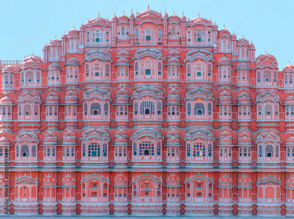 Detail of the facade Hawa Mahal palace (Palace of the Winds) in Jaipur, Rajasthan, india