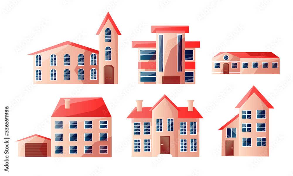Set of modern beautiful urban multi-story houses with red roofs in different shapes. Vector illustration in flat cartoon style. Set of modern beautiful urban multi-story houses with red roofs in different shapes. Vector illustration in flat cartoon style.