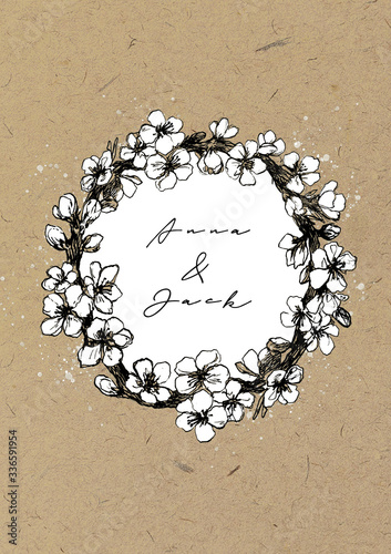 wreath of blossom branches. black pencil sketch on white background