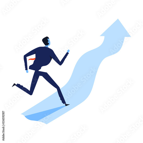 Successful Businessman in Suit Running up the Arrow  Path to Success  Leadership Vector Illustration