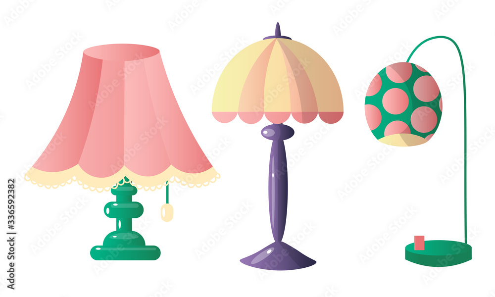 Set of three table lamps of different shapes and colors. Vector illustration in flat cartoon style. Set of three table lamps of different shapes and colors. Vector illustration in flat cartoon style.