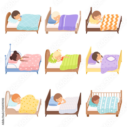 Cute Little Kids Sleeping Sweetly in their Beds Collection Vector Illustration