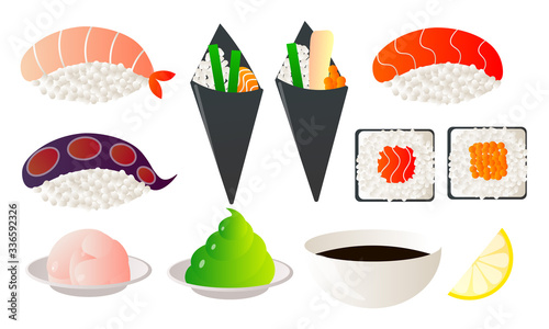 Set of Japanese food with sushi chopsticks and bowls with wasabi soy. Vector illustration in flat cartoon style.