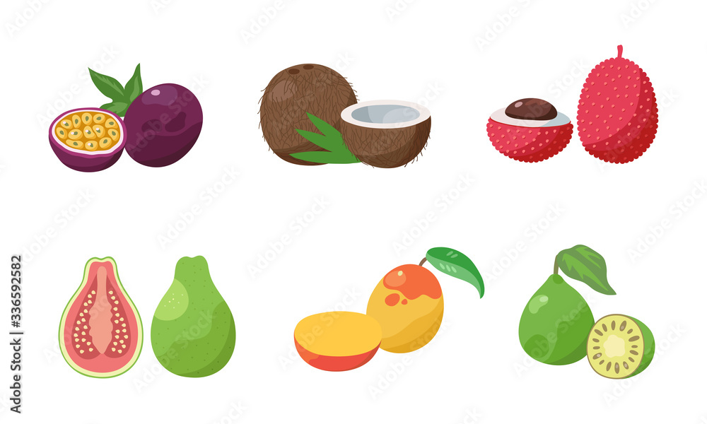 Set of two slices passion fruit, coconut, lychee, guava, mango, feijoa. Vector illustration in flat cartoon style. Set of two slices passion fruit, coconut, lychee, guava, mango, feijoa. Vector illustration in flat cartoon style.