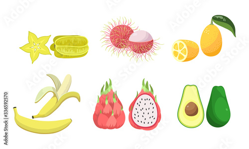 Set of two slices carambola, rambutan, lemon, banana, pitaya, avocado. Vector illustration in flat cartoon style.