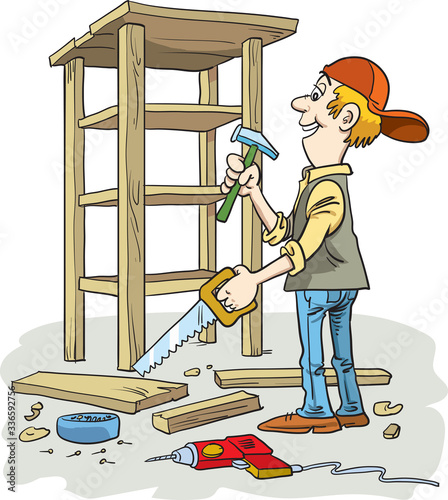 Vector cartoon illustration of a handyman, carpenter