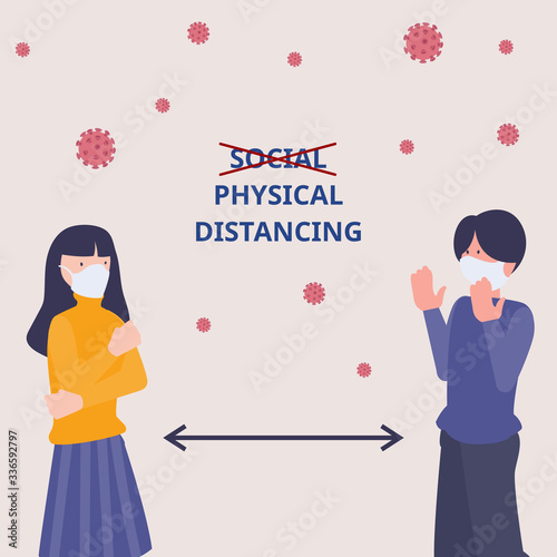Physical distancing, keep distance in public society. Flat digital vector illustration, people to protect from COVID-19 coronavirus, antiviral contamination concept. Advertising banner and infographic