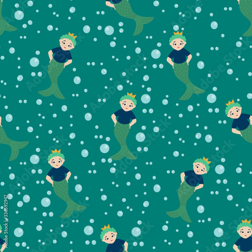 Cartoon cute neptune the god of the sea. Vector illustration in a flat style. Seamless pattern.