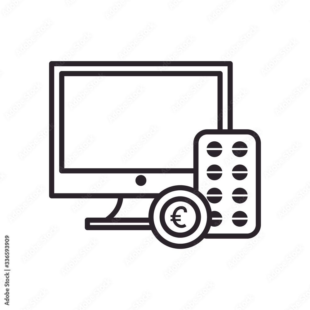 Pills tablet computer and coin line style icon vector design
