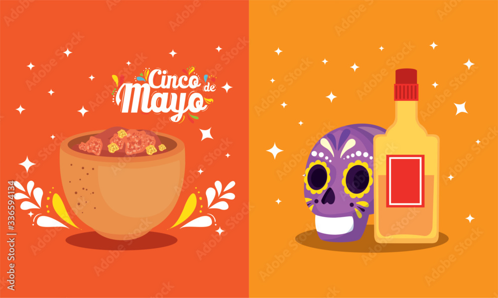 Mexican skull tequila bottle and bowl design, Cinco de mayo mexico culture tourism landmark latin and party theme Vector illustration - obrazy, fototapety, plakaty 