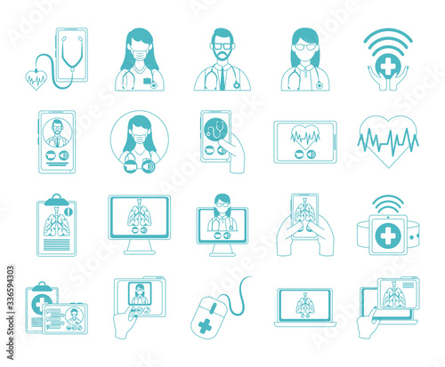 online doctor, physician technology consultant medical icons set, line style icon