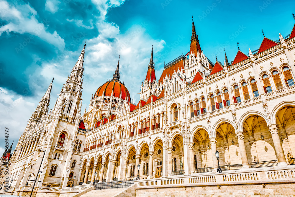 Hungarian Parliament close-up. Budapest. One of the most beautiful buildings in the Hungarian capital.