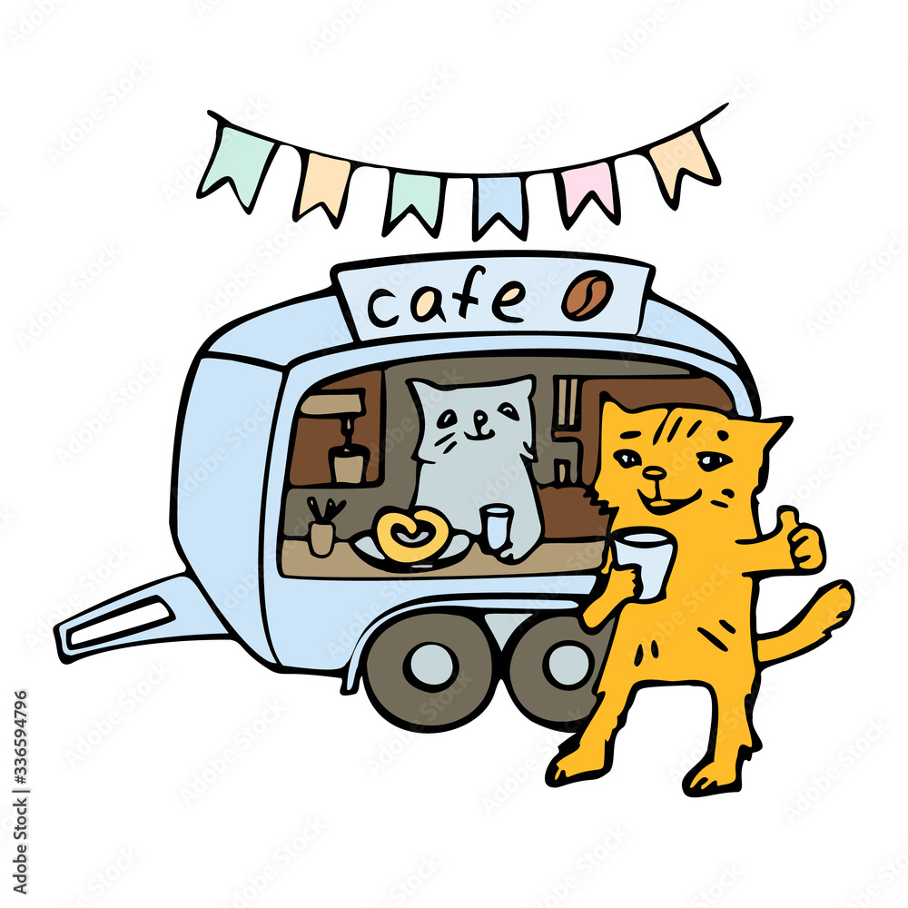 Food truck. Coffee, cats. Vector illustration. Hand drawn. Isolated on a white background.