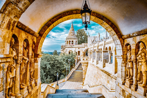 View on the Old Fisherman Bastion in Budapest. Arch Gallery.