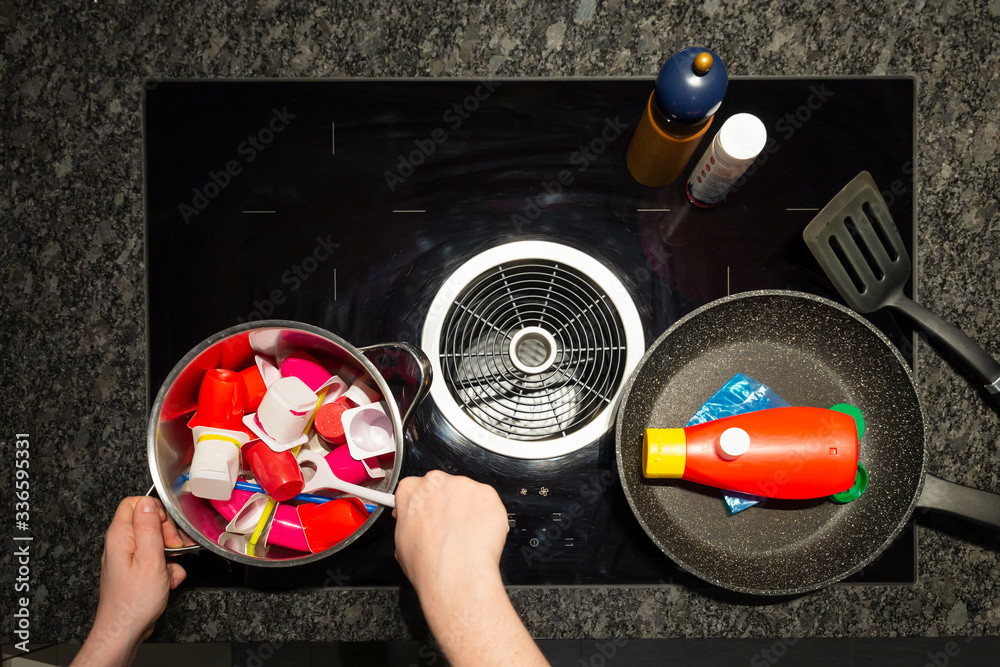 Foto de Concept of food pollution with plastic waste. Top view of a ...