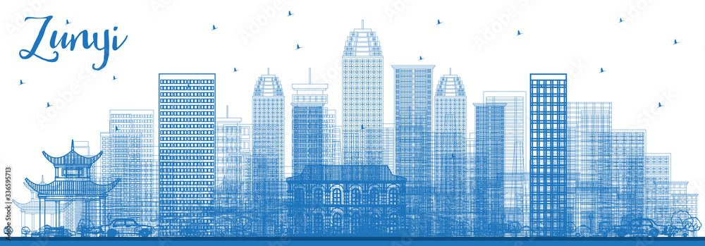 Outline Zunyi China City Skyline with Blue Buildings.