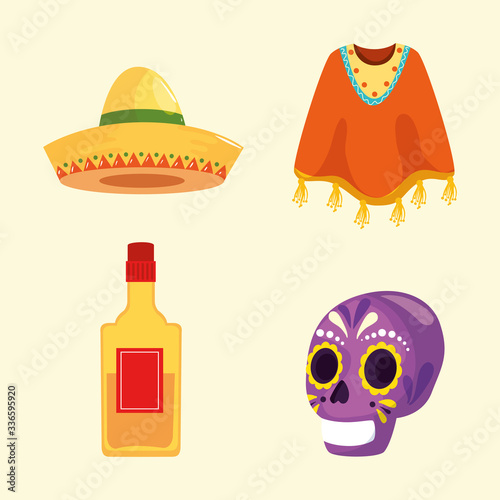 Mexican skull tequila bottle poncho and hat design, Mexico culture tourism landmark latin and party theme Vector illustration