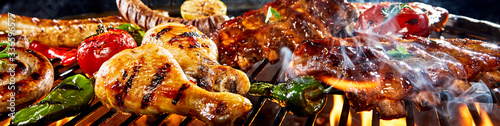 Принти на полотні Very wide panorama banner of meat on a barbecue