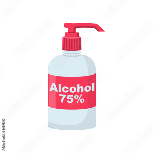 Bottle of antibacterial alcohol 75 . Sanitary product for personal hygiene, hand washing. Hygienic gel in public place. Prevention coronavirus covid-19. Alcohol liquid flat icon. Vector illustration.