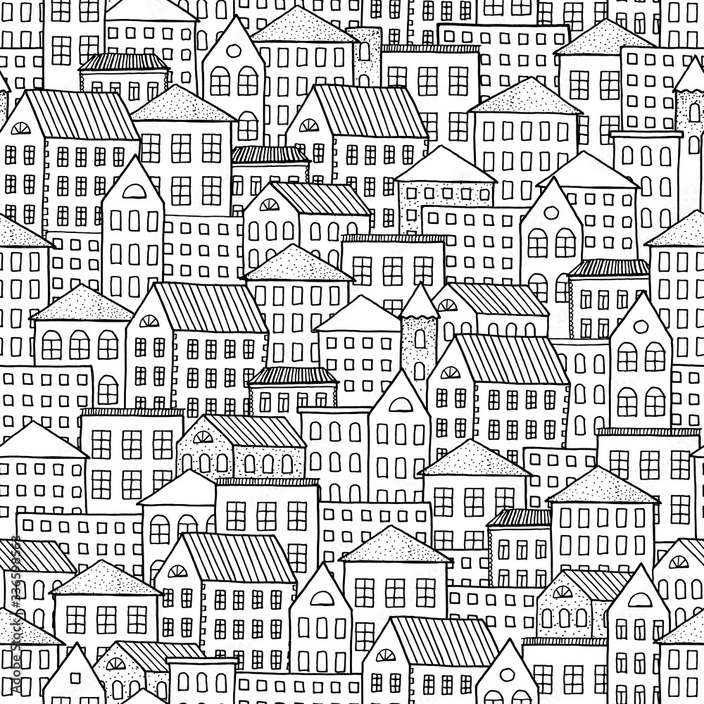 Painted city. Stay at home. Seamless pattern on white background