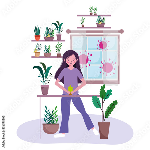 stay at home, young woman with plants in pots gardening leisure