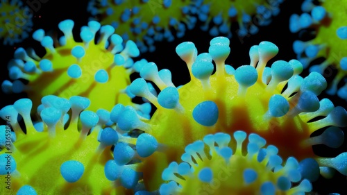 close-up coronavirus type covid-19, h1n1, bird flu or swine flu background. 3d rendering of representation of virus as microbiological microscopic background. Blue yellow gradient