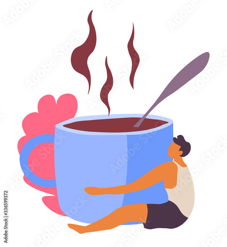 Male personage hugging cup of coffee with steam