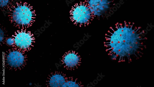 close-up coronavirus type covid-19, h1n1, bird flu or swine flu background. 3d rendering of representation of virus as microbiological microscopic background. Blue red gradient colors
