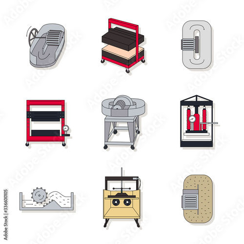 Vector illustration. Thin line icon set of equipment for hand papermaking. photo