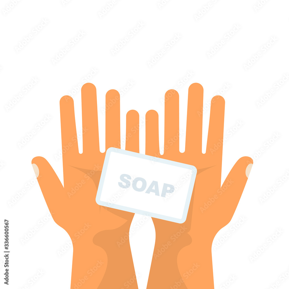 Obraz premium Soap in hand. Coronavirus Prevention. Vector illustration flat design isolated on background. Wash hands. Personal hygiene. Disinfection, skin care. Antibacterial washing.