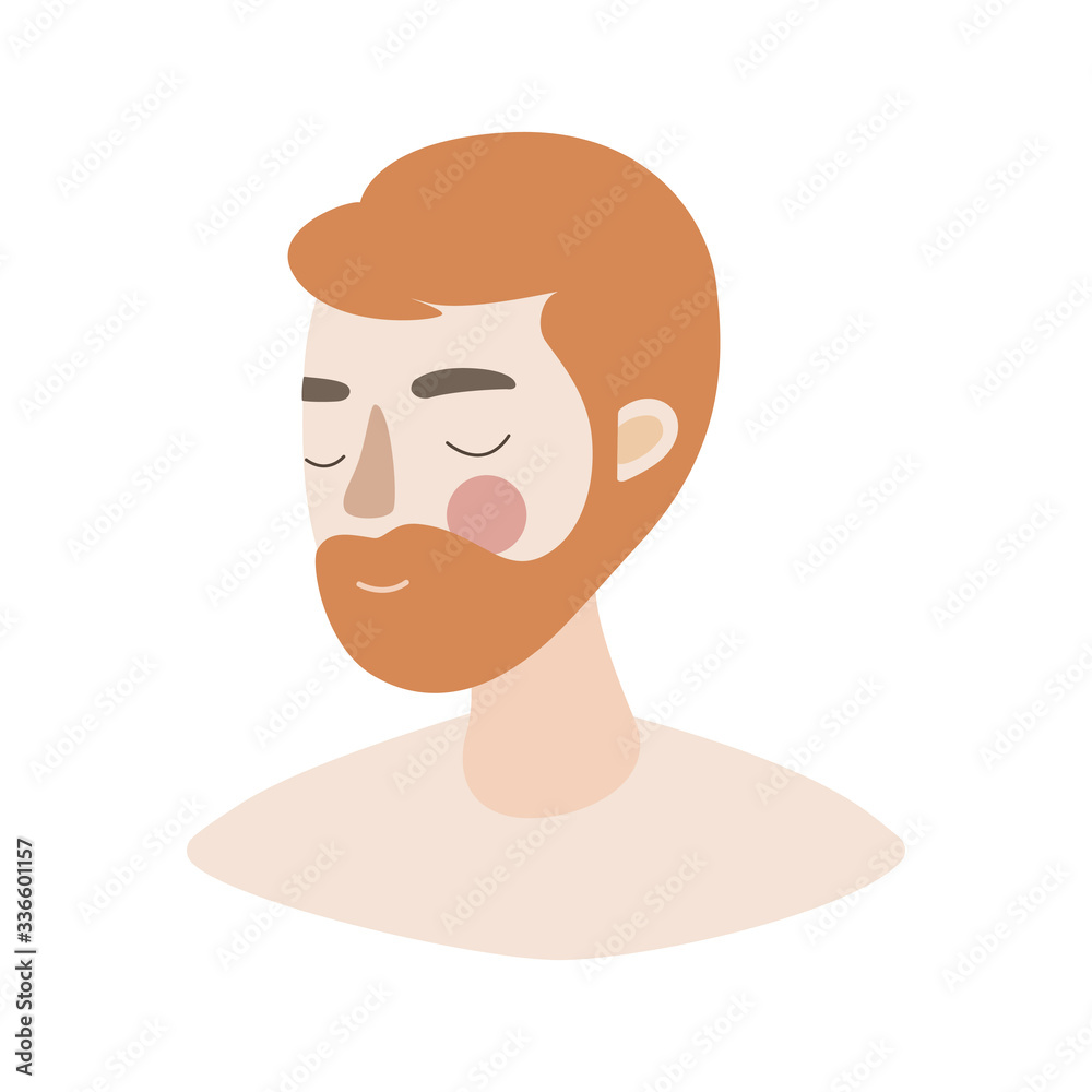 Face of a young man with ginger hair and beard. Portrait illustration for card, poster, modern design. Father's day, men's day concepts. Flat. Vector stock illustration.