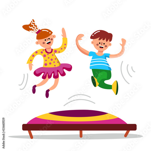 Happy Cute Children Jumping On Trampoline Vector