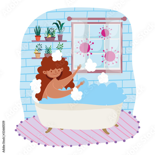stay at home, cartoon young woman in bathtub leisure time