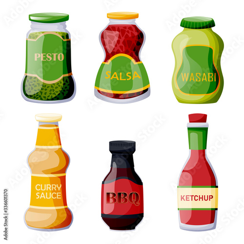 Sauces icons in glass jars and bottles. Cooking ingredients and condiment collection. Vector food cartoon illustration