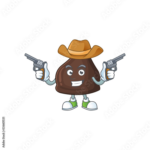 A cowboy cartoon character of chocolate conitos holding guns