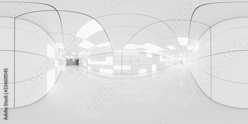 Fototapeta Naklejka Na Ścianę i Meble -  Full 360 degree equirectangular panorama hdri of modern futuristic white hallway interior 3d render illustration