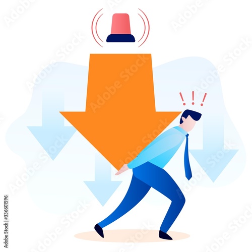 Businessman aware of declined profit and try to save it. Financial loss. Stock market crash, Stock market falling concept.
