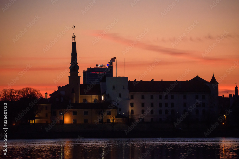 RIGA, LATVIA. 7th April 2020. Beautiful view to Riga city, during sunrise.